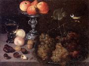 Georg Flegel Still life of grapes on a pewter dish,together with peaches,nuts,a glass roemer and a silver tazza containing apples and pears,and a blue-tit Germany oil painting artist